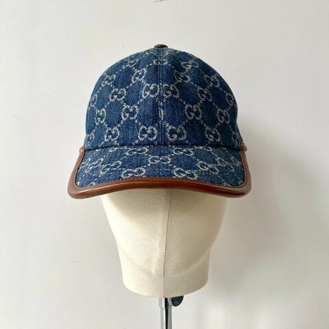 Gucci 656206 藍色 牛仔 緹花 咖啡皮革邊 棒球帽 S號 57cm