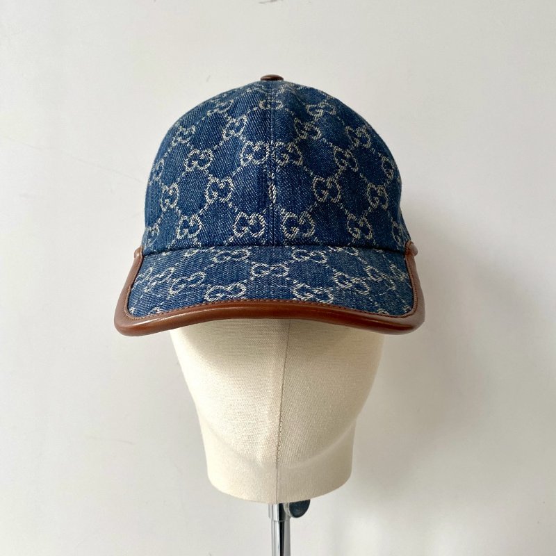 Gucci 656206 藍色 牛仔 緹花 咖啡皮革邊 棒球帽 S號 57cm-0