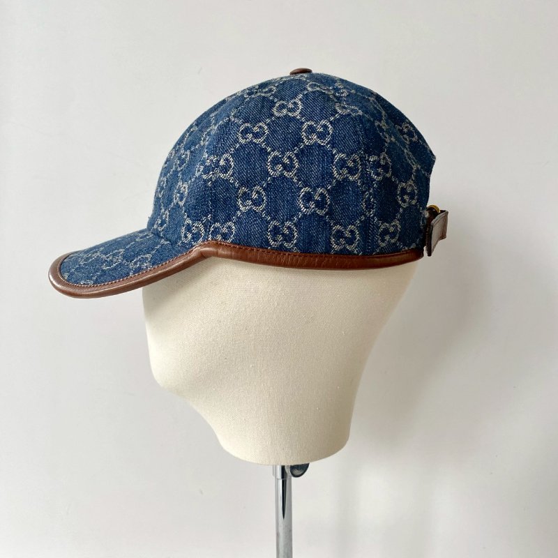 Gucci 656206 藍色 牛仔 緹花 咖啡皮革邊 棒球帽 S號 57cm-1