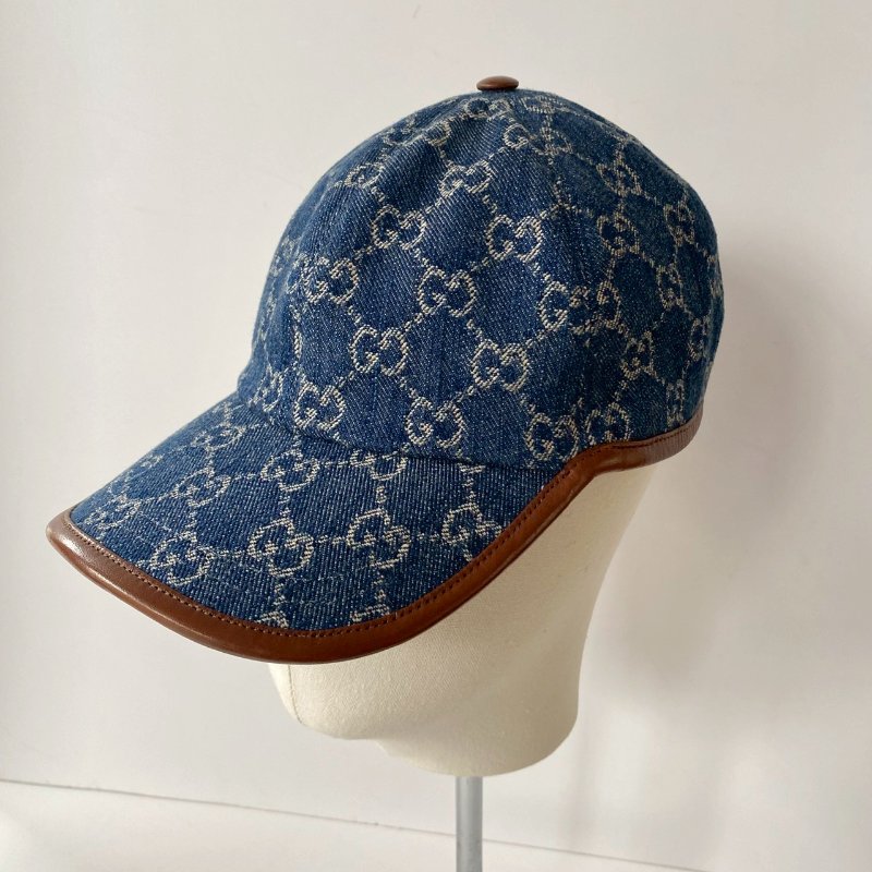 Gucci 656206 藍色 牛仔 緹花 咖啡皮革邊 棒球帽 S號 57cm-2