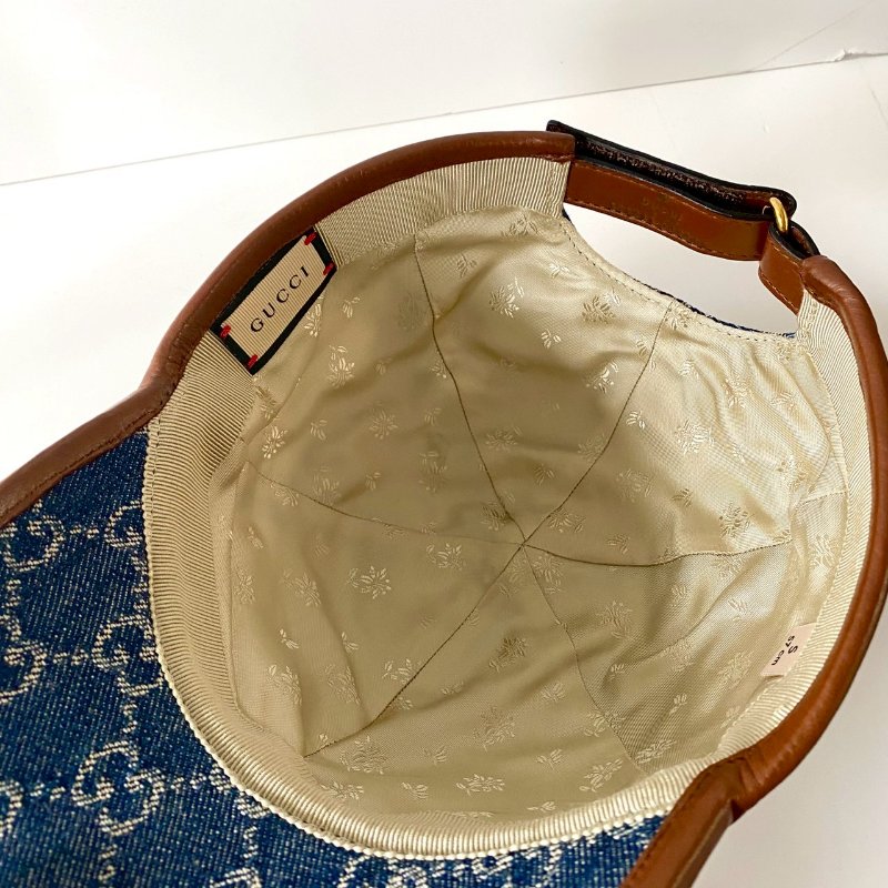 Gucci 656206 藍色 牛仔 緹花 咖啡皮革邊 棒球帽 S號 57cm-4