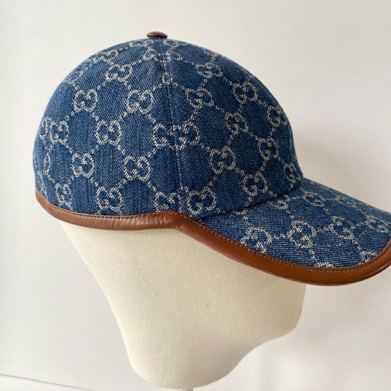 Gucci 656206 藍色 牛仔 緹花 咖啡皮革邊 棒球帽 S號 57cm-6