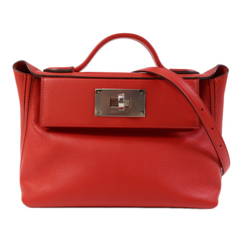 HERMES Evercolor/Swift皮革24/24 Mini銀扣手挽肩背兩用袋Rouge Piment