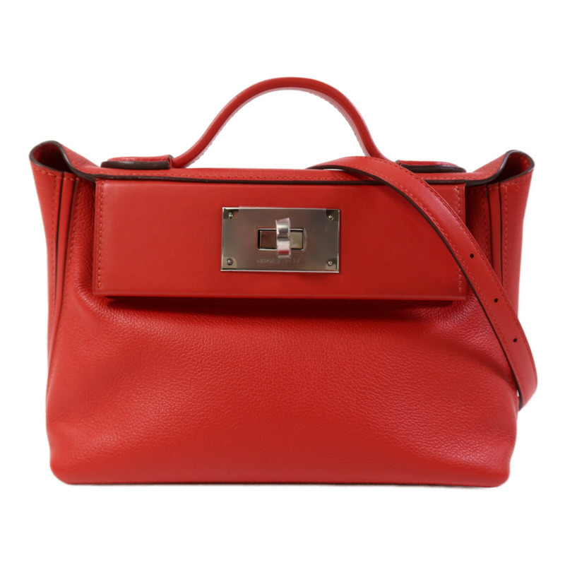 HERMES Evercolor/Swift皮革24/24 Mini銀扣手挽肩背兩用袋Rouge Piment-0