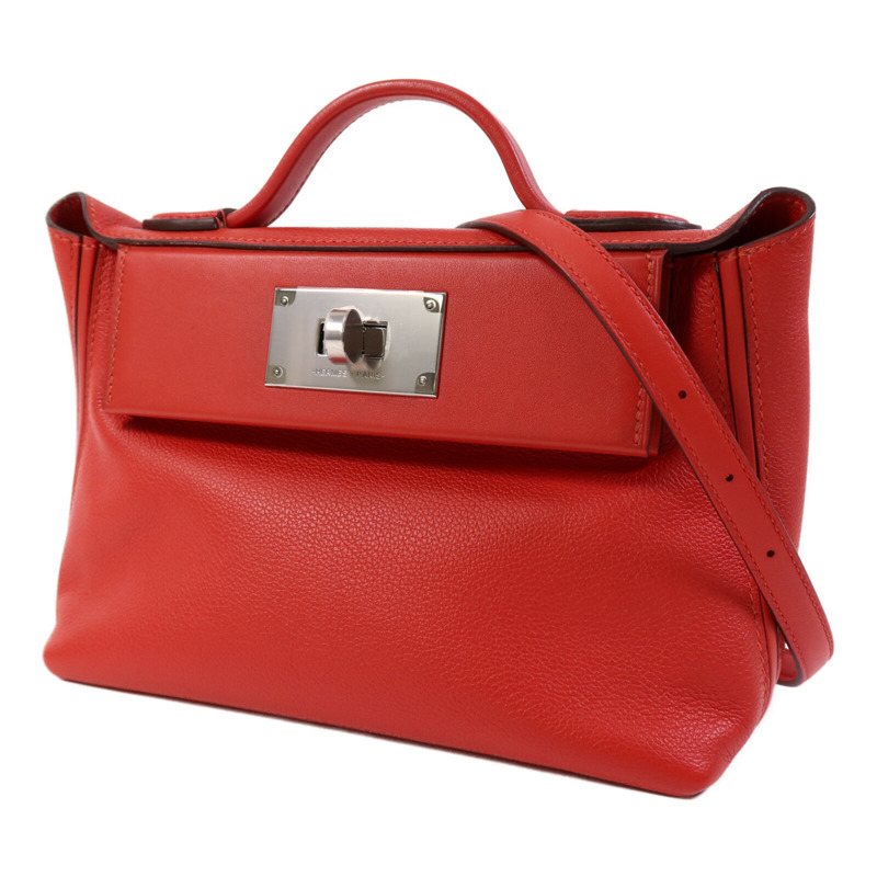 HERMES Evercolor/Swift皮革24/24 Mini銀扣手挽肩背兩用袋Rouge Piment-2