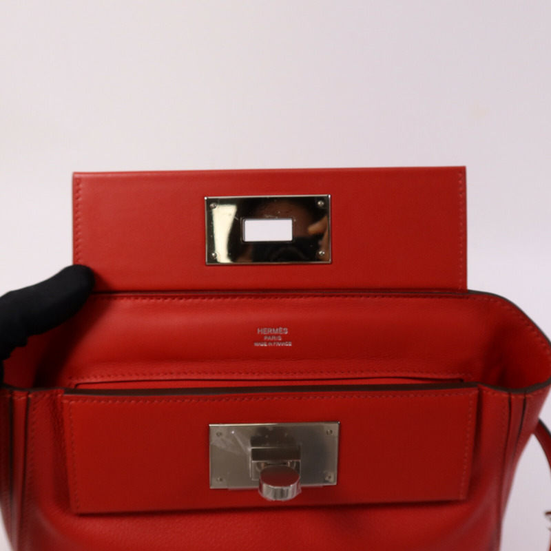 HERMES Evercolor/Swift皮革24/24 Mini銀扣手挽肩背兩用袋Rouge Piment-14