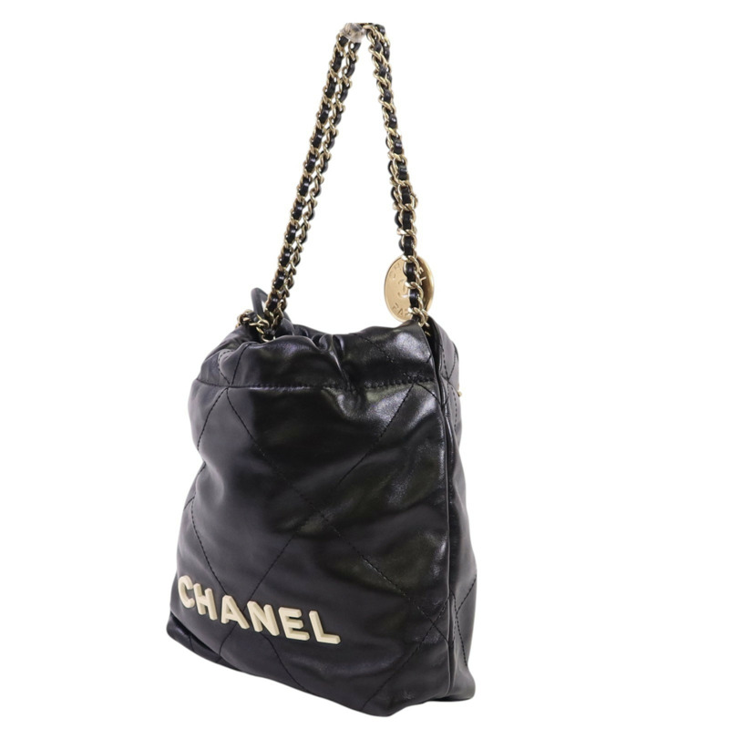 CHANEL 牛皮皮革Mini 22金扣鏈帶手挽肩背兩用袋-2