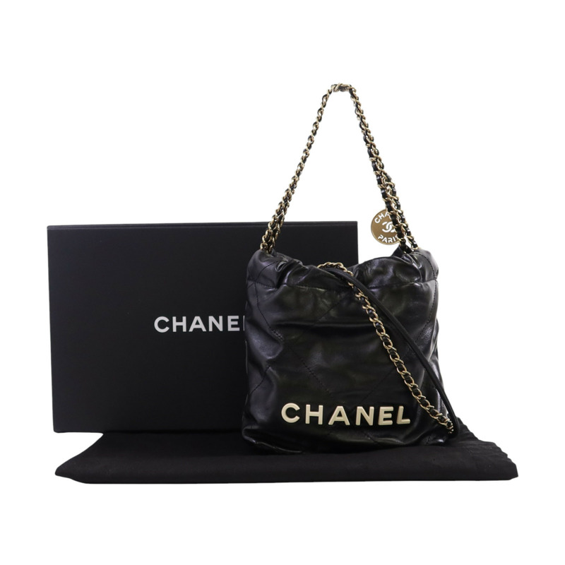 CHANEL 牛皮皮革Mini 22金扣鏈帶手挽肩背兩用袋-9
