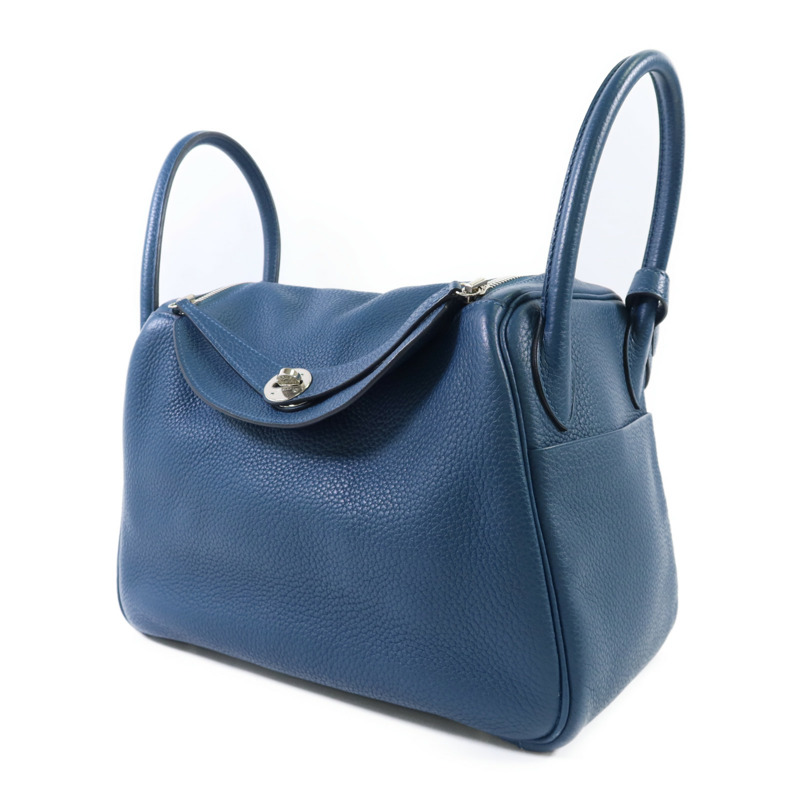 HERMES Clemence皮革Lindy 30銀扣手挽肩背兩用袋Bleu Jean-2