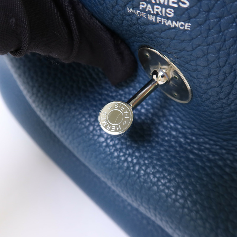 HERMES Clemence皮革Lindy 30銀扣手挽肩背兩用袋Bleu Jean-10