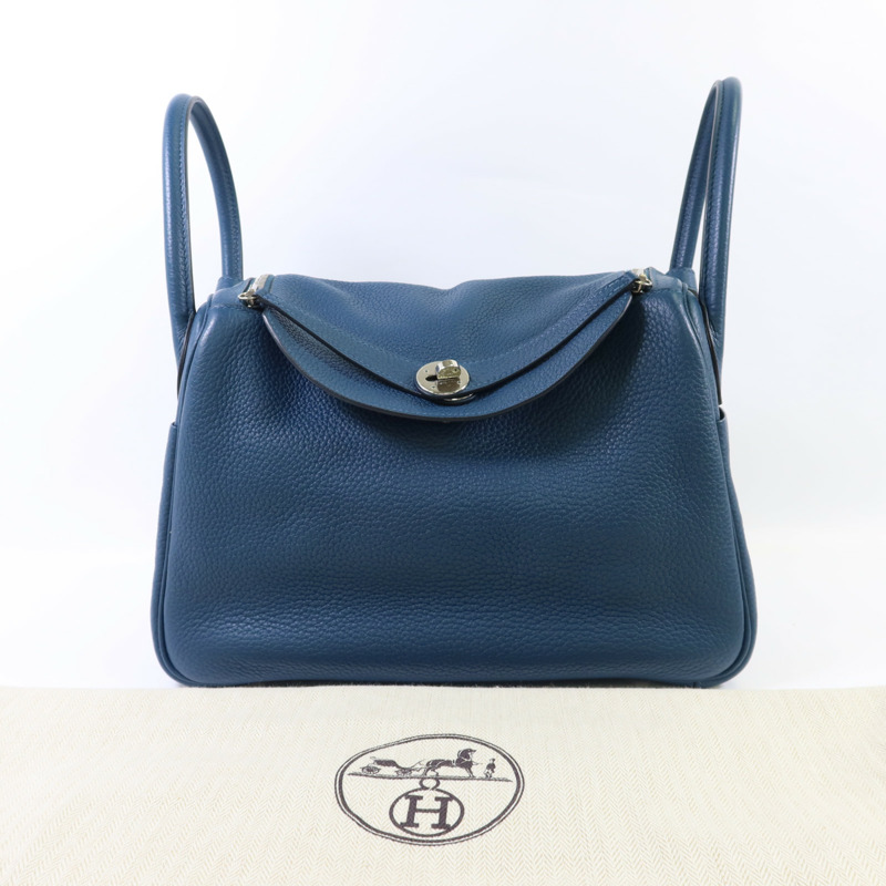 HERMES Clemence皮革Lindy 30銀扣手挽肩背兩用袋Bleu Jean-19