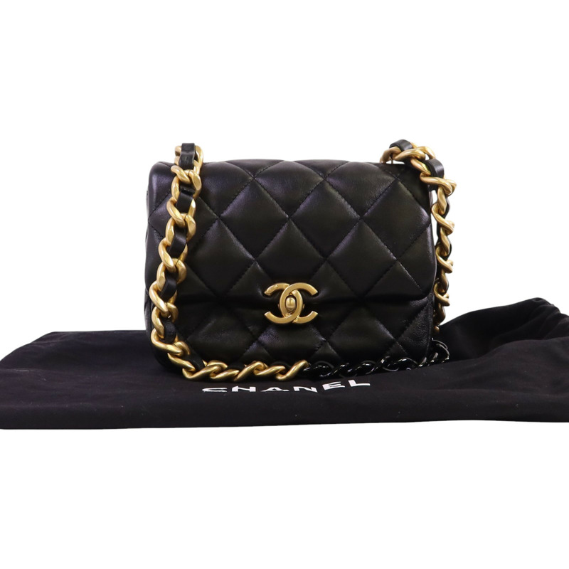CHANEL 羊皮皮革Chain Shoulder金扣鏈帶肩背袋-9