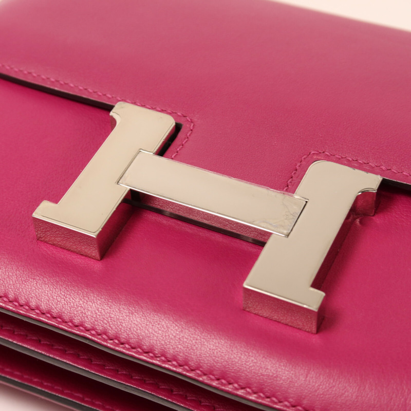 HERMES Swift皮革Constance Mini銀扣肩背袋Rose Pourpre-7