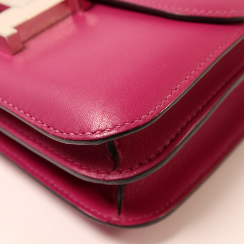 HERMES Swift皮革Constance Mini銀扣肩背袋Rose Pourpre-11