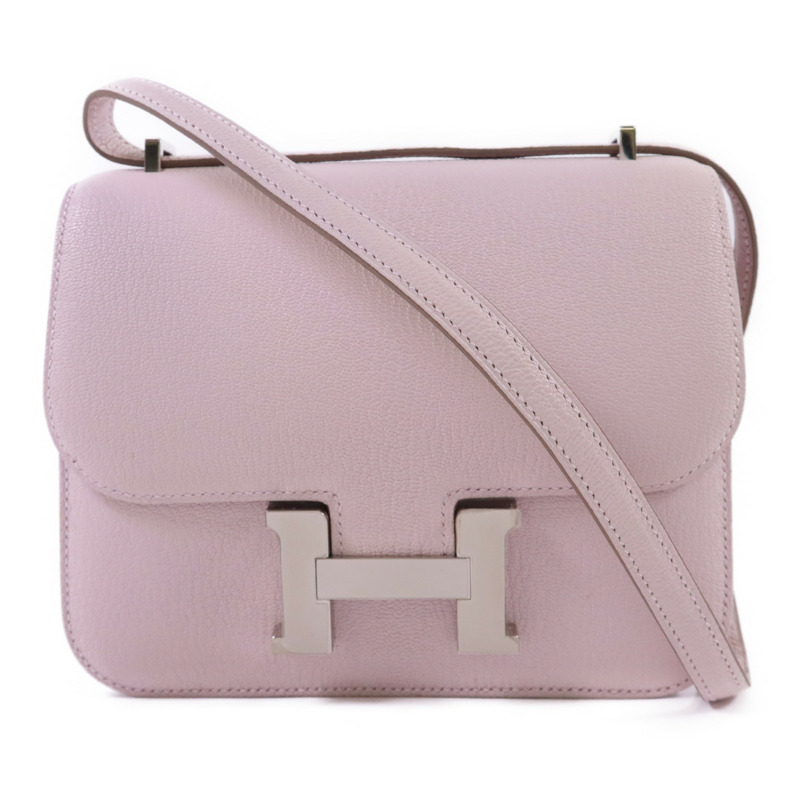 HERMES Chevre皮革Constance Mini銀扣肩背袋Mauve Pale-0