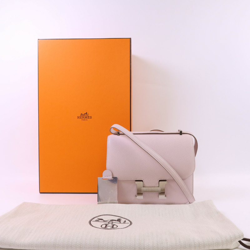 HERMES Chevre皮革Constance Mini銀扣肩背袋Mauve Pale-21