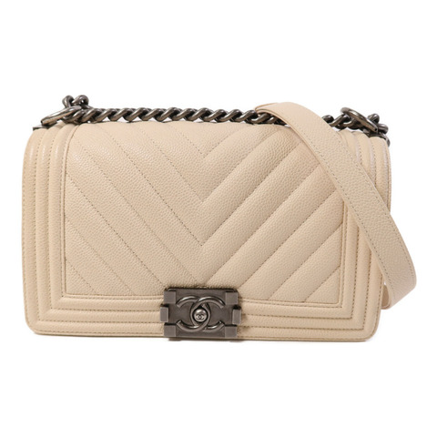 CHANEL 牛皮皮革Boy 25銀扣鏈帶肩背袋