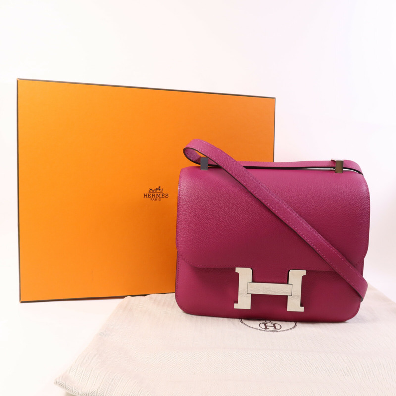 HERMES Evercolor皮革Constance 24銀扣肩背袋Rose Purple-9