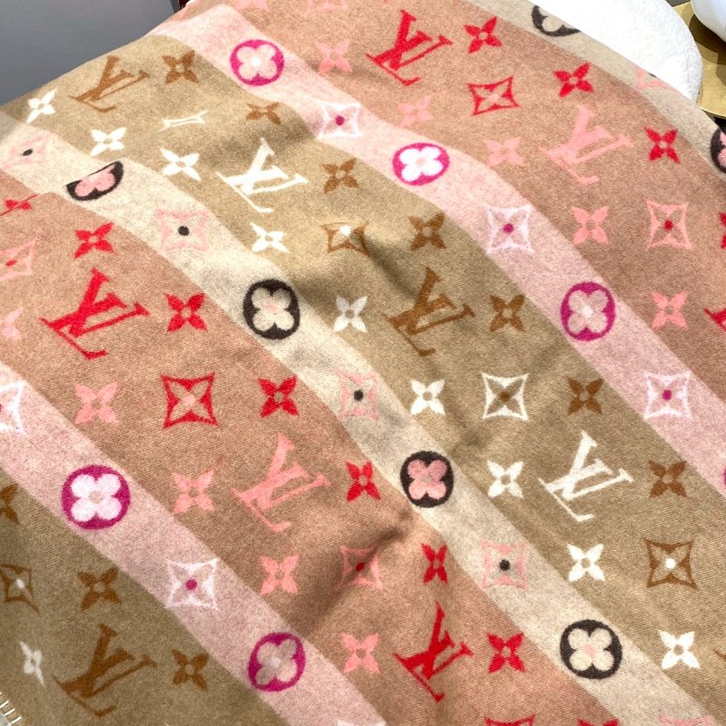 LV Monogram 羊毛 限定 VIC 限定 收藏 花卉 老花 雙面 毛毯 卡其色 紅色 M77314-1