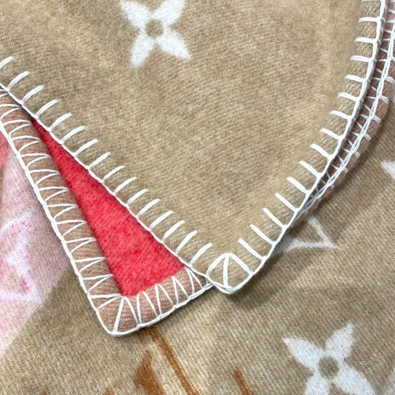 LV Monogram 羊毛 限定 VIC 限定 收藏 花卉 老花 雙面 毛毯 卡其色 紅色 M77314-4