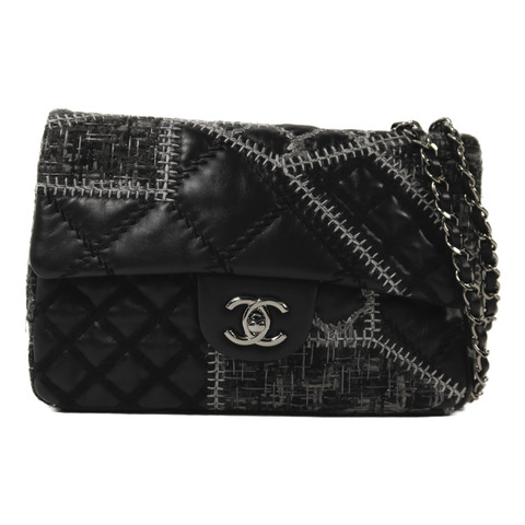 CHANEL 羊皮皮革/Tweed Medium Patchwork銀扣鏈帶肩背袋