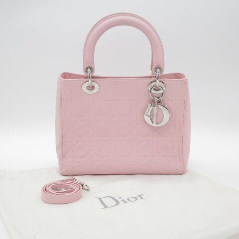 Dior迪奧Lady Dior 中號粉紅色藤格紋羊皮手提包