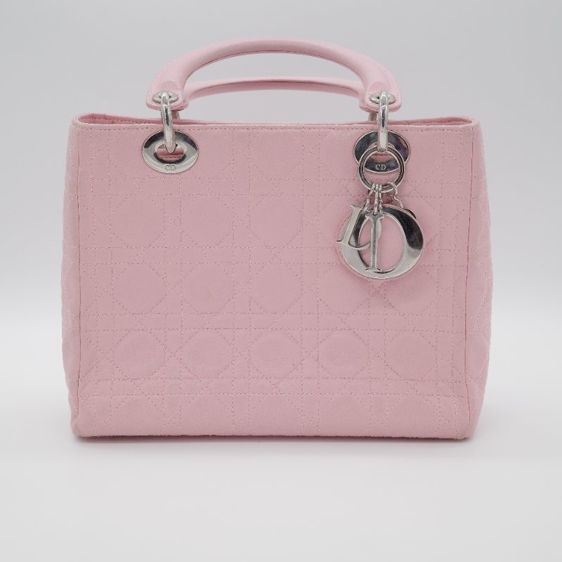 Dior迪奧Lady Dior 中號粉紅色藤格紋羊皮手提包-1