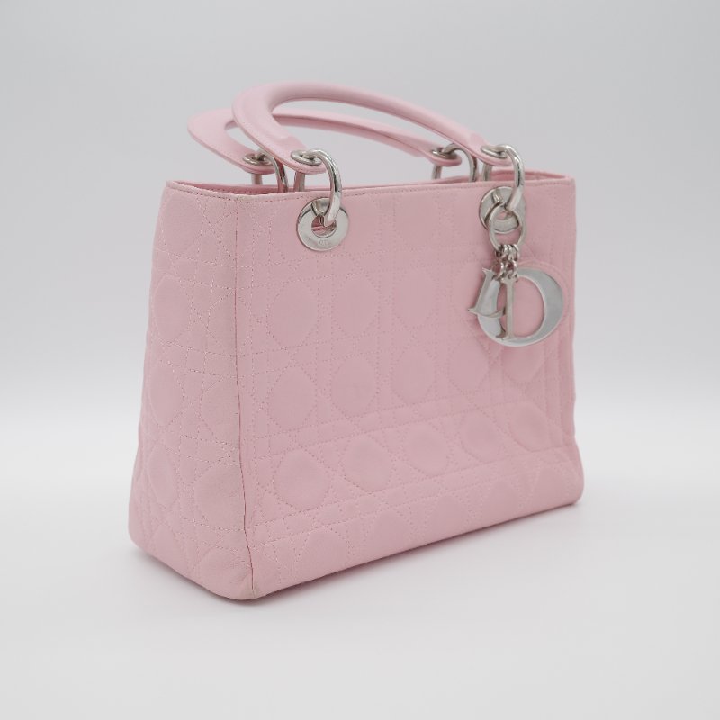 Dior迪奧Lady Dior 中號粉紅色藤格紋羊皮手提包-3
