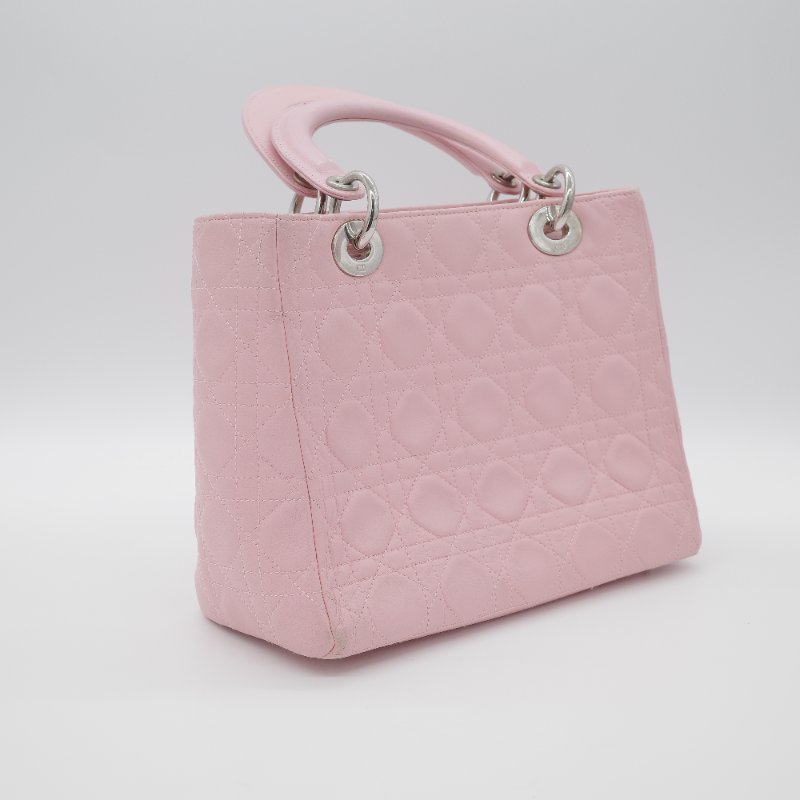 Dior迪奧Lady Dior 中號粉紅色藤格紋羊皮手提包-4