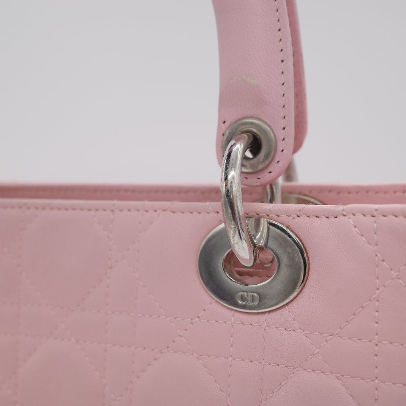 Dior迪奧Lady Dior 中號粉紅色藤格紋羊皮手提包-6