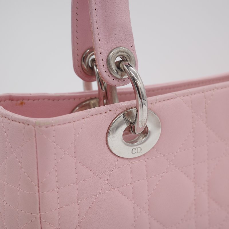 Dior迪奧Lady Dior 中號粉紅色藤格紋羊皮手提包-7