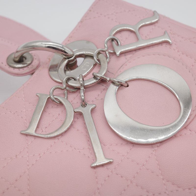 Dior迪奧Lady Dior 中號粉紅色藤格紋羊皮手提包-10