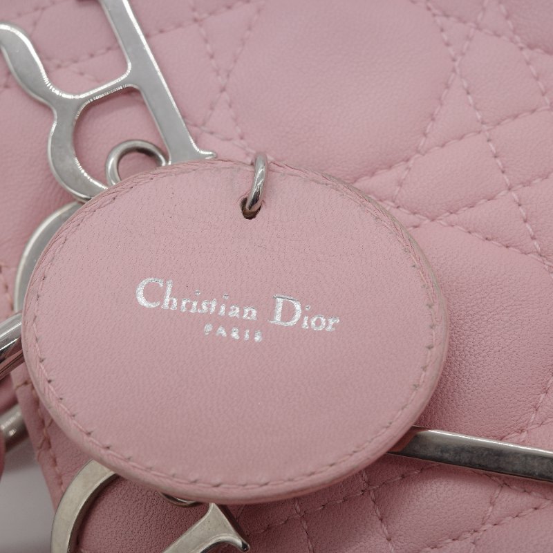 Dior迪奧Lady Dior 中號粉紅色藤格紋羊皮手提包-11