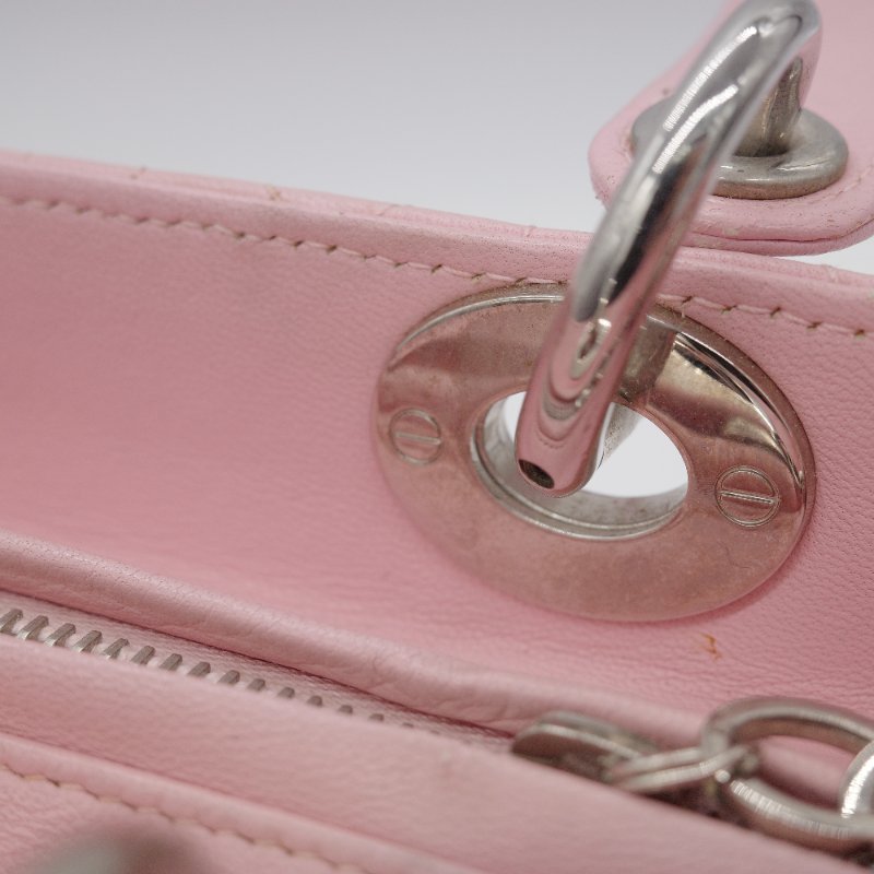 Dior迪奧Lady Dior 中號粉紅色藤格紋羊皮手提包-19