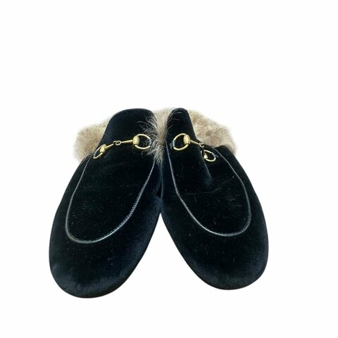 【美收精品】GUCCI黑色絨布毛毛拖鞋 4-730