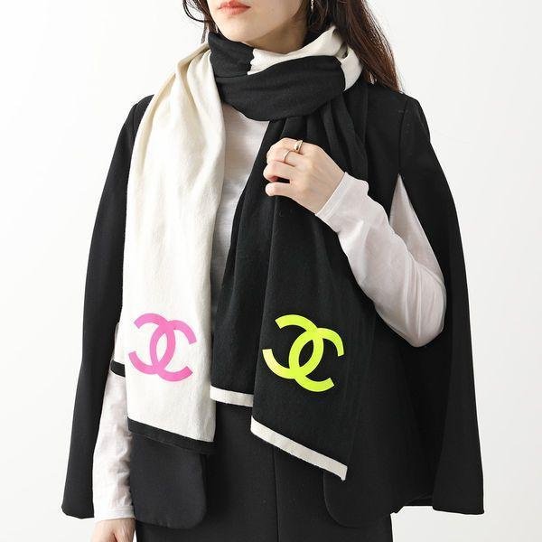 CHANEL 螢綠桃紅Logo 雙面雙色 黑白 純棉 圍巾 披肩 AA7540-0