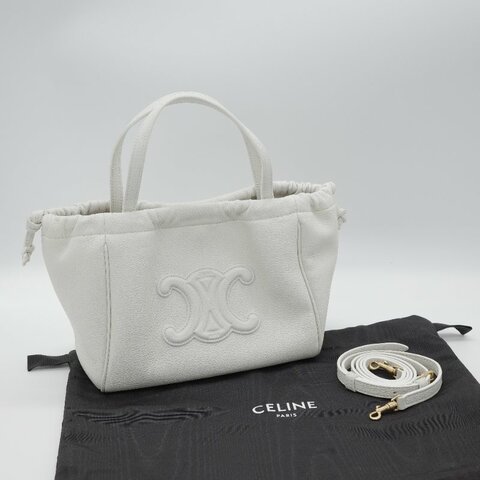 Celine 思琳 Small Cabas Cuir Triomphe 白色 顆粒小牛皮 抽繩 凱旋門手提包 肩背包
