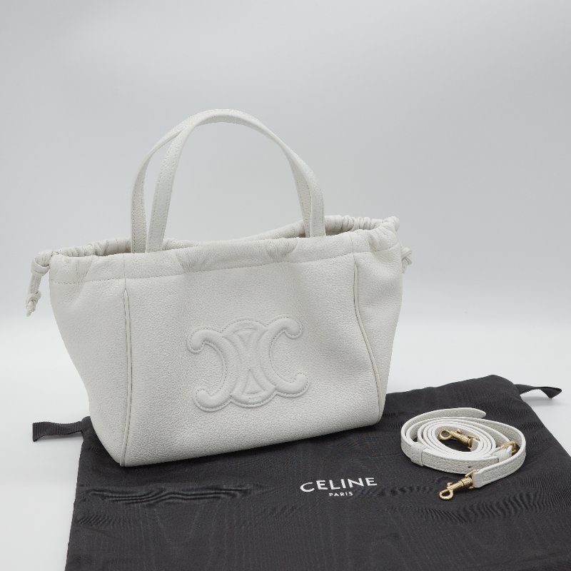 Celine 思琳 Small Cabas Cuir Triomphe 白色 顆粒小牛皮 抽繩 凱旋門手提包 肩背包-0