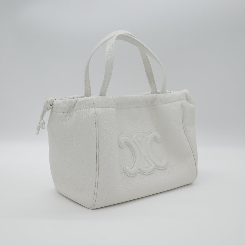 Celine 思琳 Small Cabas Cuir Triomphe 白色 顆粒小牛皮 抽繩 凱旋門手提包 肩背包-2