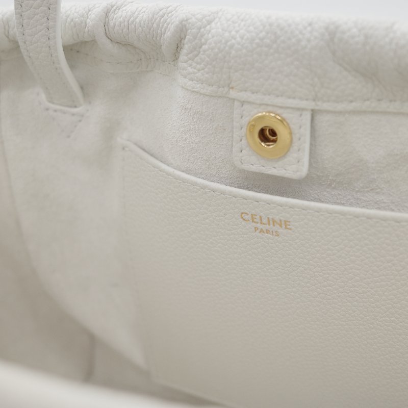 Celine 思琳 Small Cabas Cuir Triomphe 白色 顆粒小牛皮 抽繩 凱旋門手提包 肩背包-12