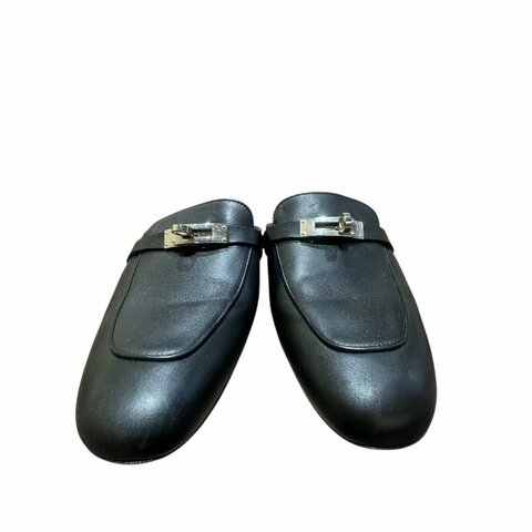 【美收精品】HERMES 黑色皮革拖鞋 4-711