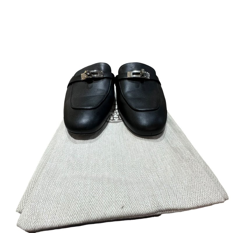 【美收精品】HERMES 黑色皮革拖鞋 4-711-10