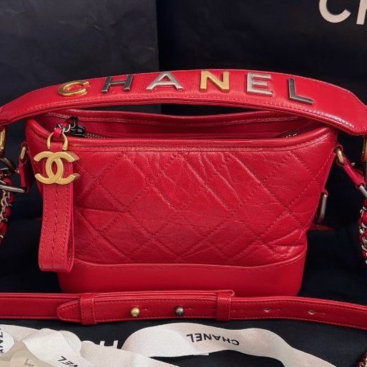 保存品 CHANEL香奈兒Gabrielle紅色牛皮金銀鴛鴦鏈條肩背包-5