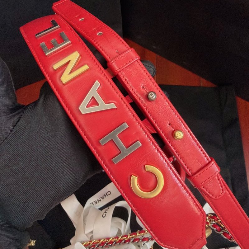 保存品 CHANEL香奈兒Gabrielle紅色牛皮金銀鴛鴦鏈條肩背包-8
