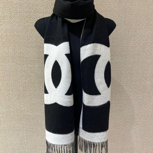 CHANEL 26P 大CC 黑白 雙色 雙面 羊絨 圍巾-4