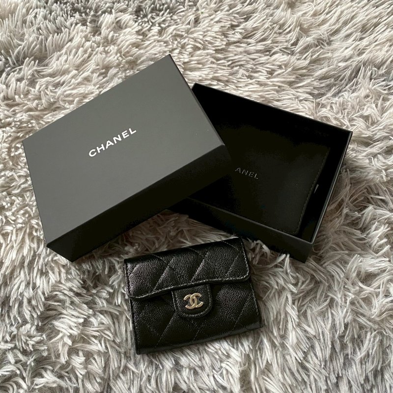 CHANEL 新款 黑色 荔枝牛皮 淡金 雙C 加大雙層 卡片包 零錢包 AP0220-0
