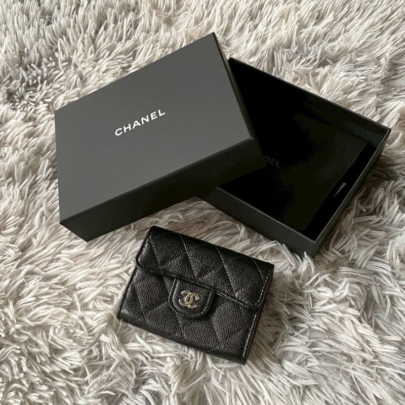 CHANEL 新款 黑色 荔枝牛皮 淡金 雙C 加大雙層 卡片包 零錢包 AP0220-1