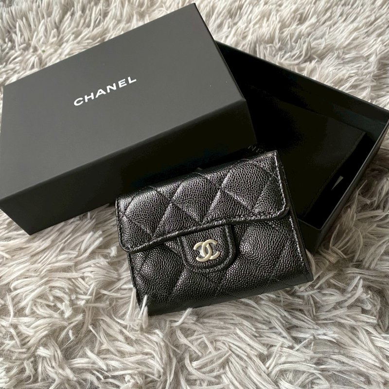 CHANEL 新款 黑色 荔枝牛皮 淡金 雙C 加大雙層 卡片包 零錢包 AP0220-2