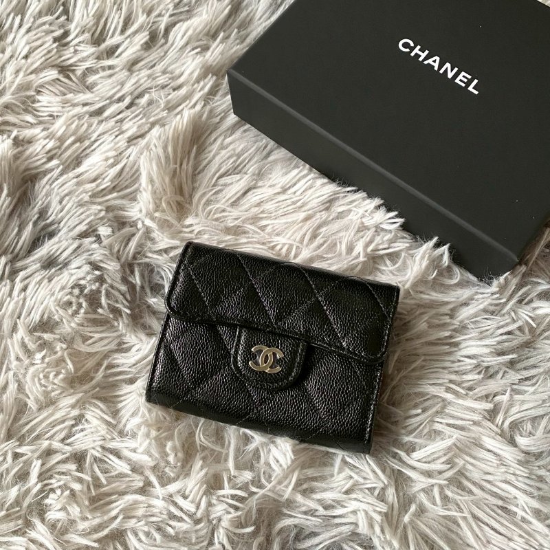 CHANEL 新款 黑色 荔枝牛皮 淡金 雙C 加大雙層 卡片包 零錢包 AP0220-4