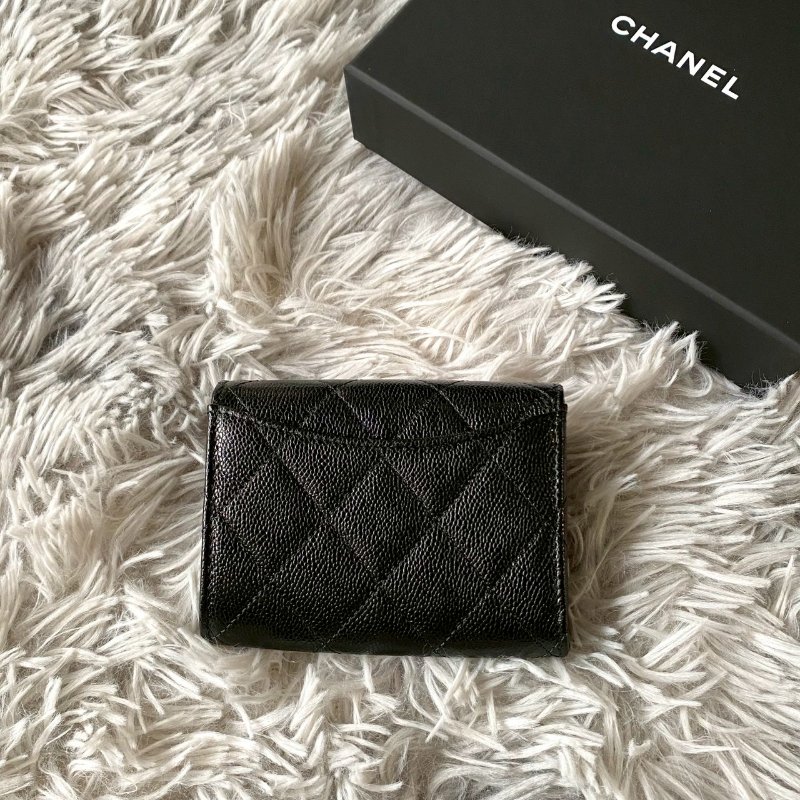 CHANEL 新款 黑色 荔枝牛皮 淡金 雙C 加大雙層 卡片包 零錢包 AP0220-5